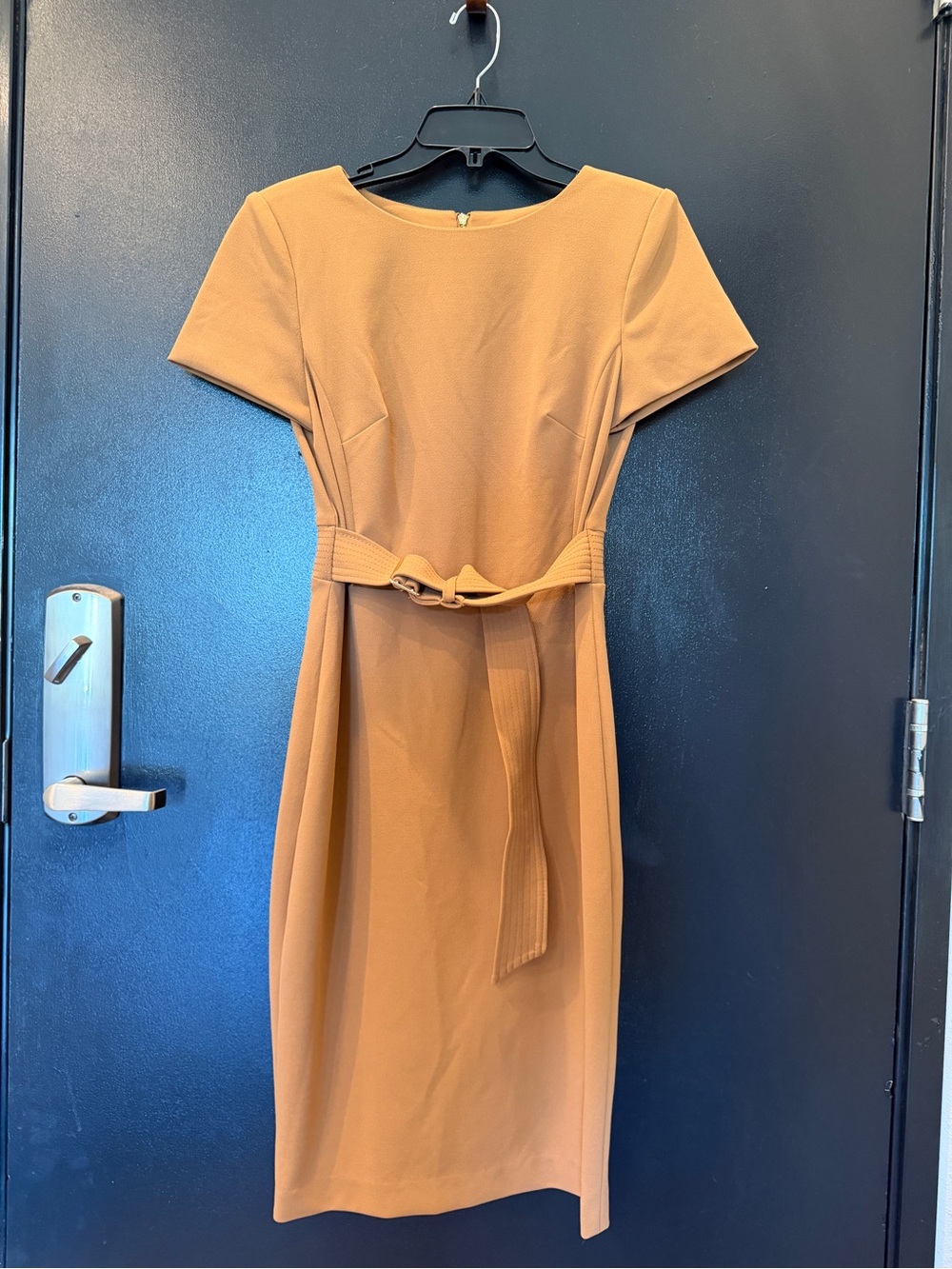 Calvin Klein Camel Midi Sheath Dress with Self-Tie Belt